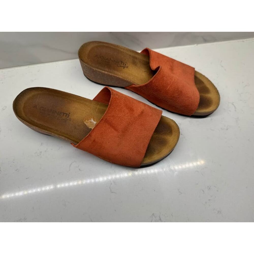 A. Giannetti Size 8.5 Orange Suede Leather Cork Wedge Heel Slides Made in Italy - Picture 2 of 7